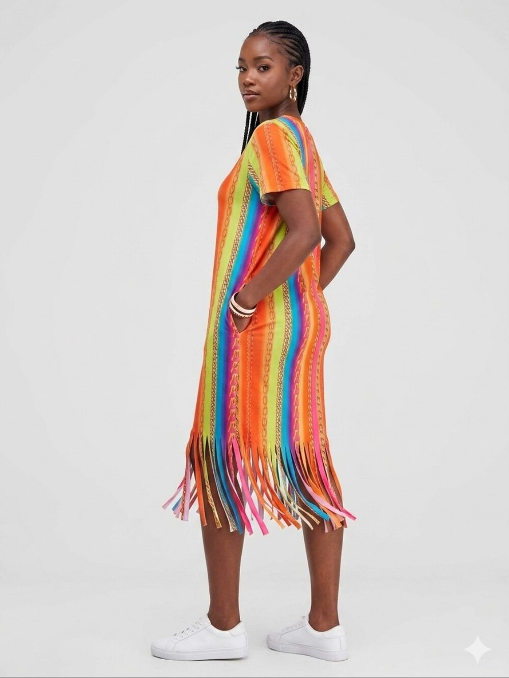 Jennifer Lauren Multi-Colored Dress - Fringe Hem & Fringe Sleeves